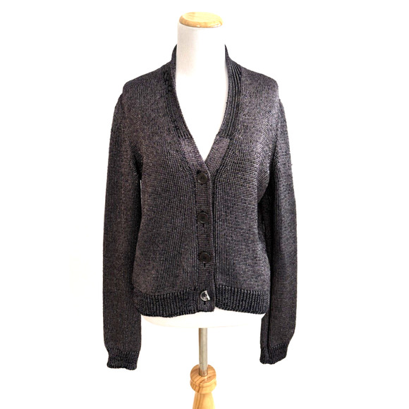Cardigan 10 Black Silver Metallic Knit V-Neck Button Front...